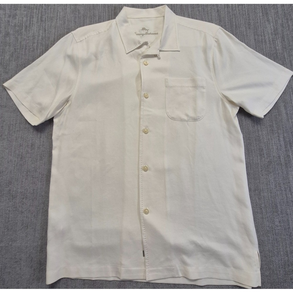 Tommy Bahama Mens Medium Cream 100% Silk Button Up Short Sleeve Camp Shirt